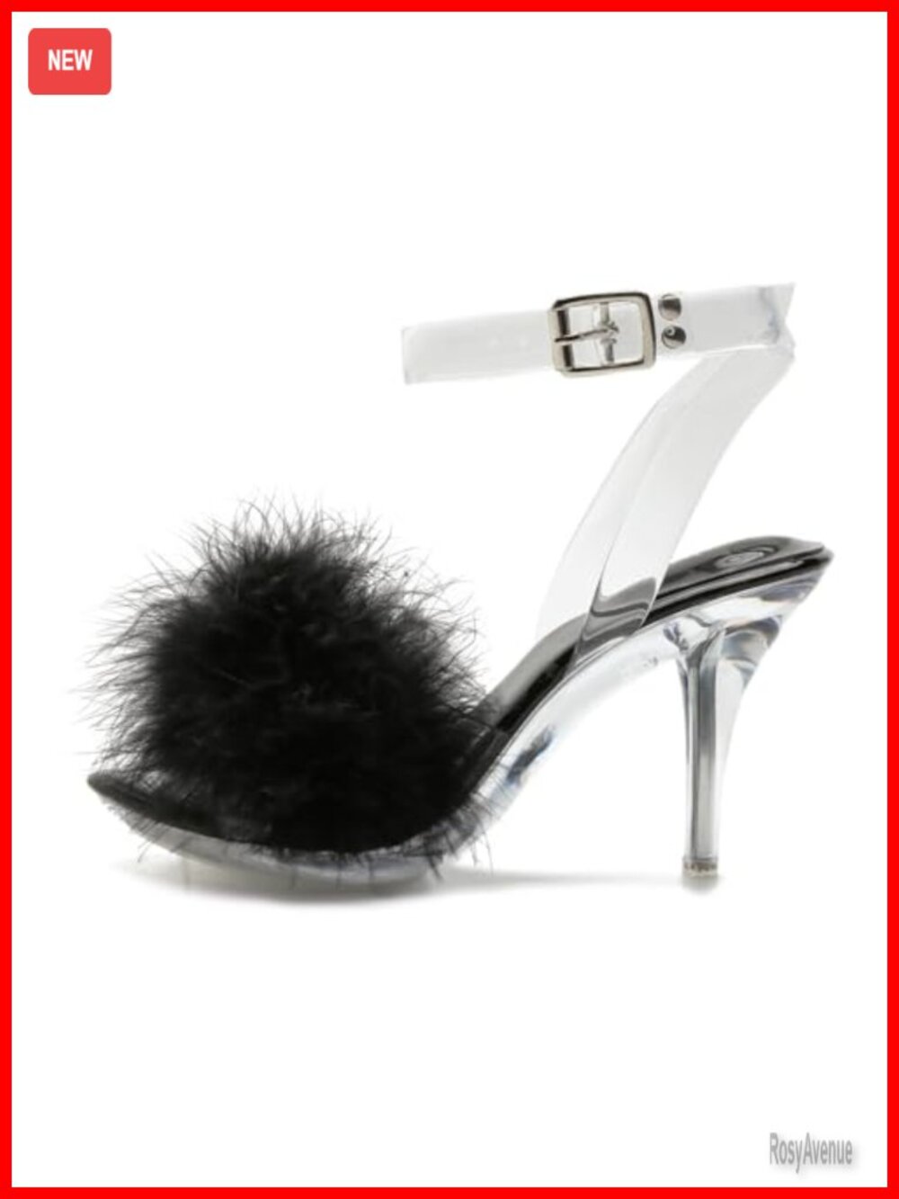 Fuzzy Feather Clear Ankle Strap Stiletto High Heels Mules Sandals